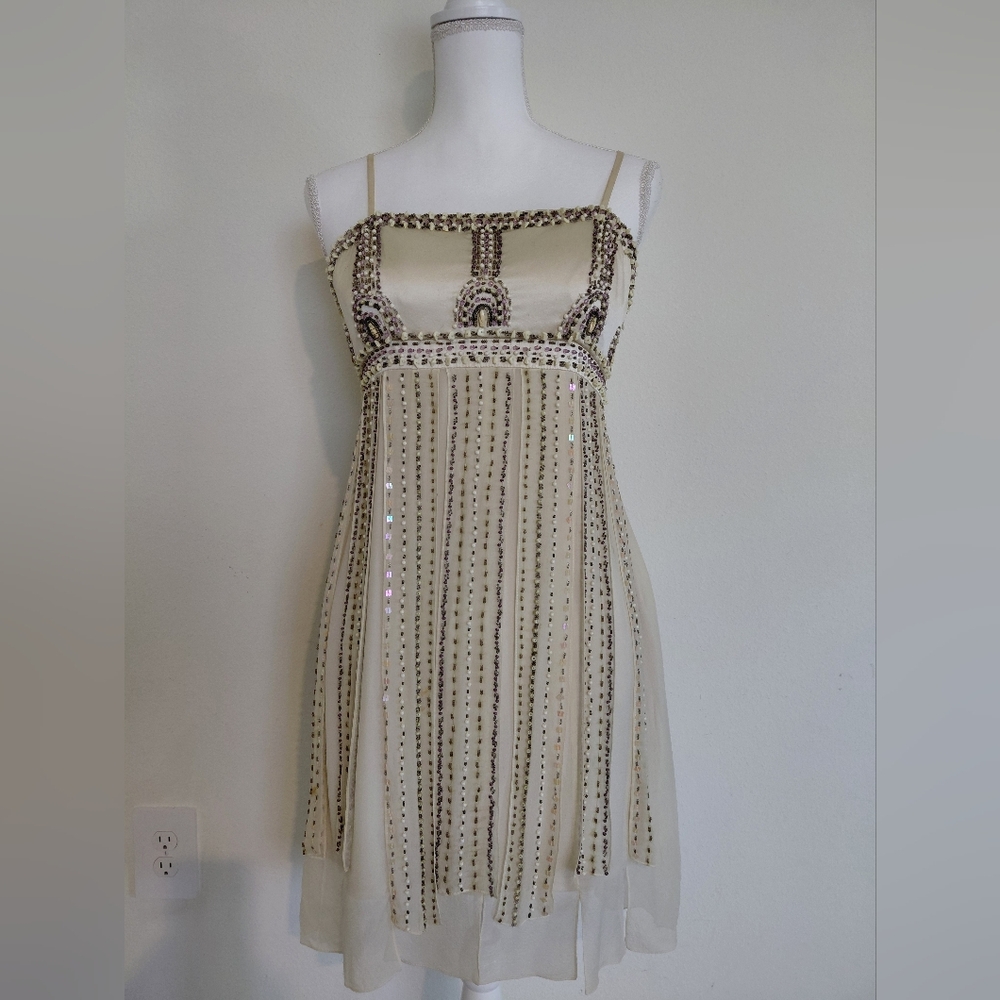 Vintage Sue Wong Couture Silk Beaded Fringe Cocktail Dress Ivory Formal Y2K Size - Picture 6 of 11